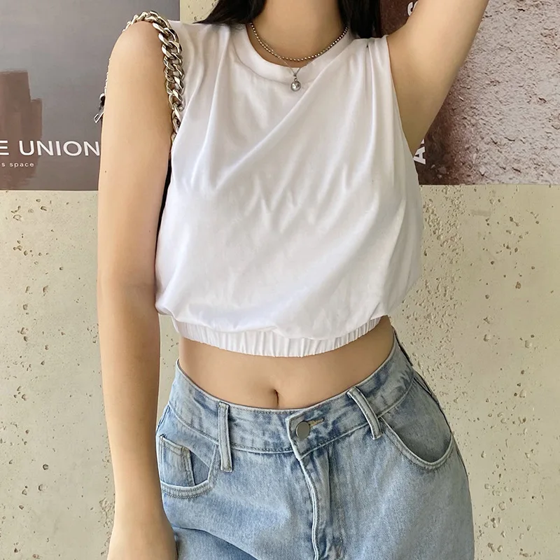 

Майка женская Повседневная без рукавов, укороченный жилет с круглым вырезом и эластичным подолом, уличная одежда для фитнеса, однотонная