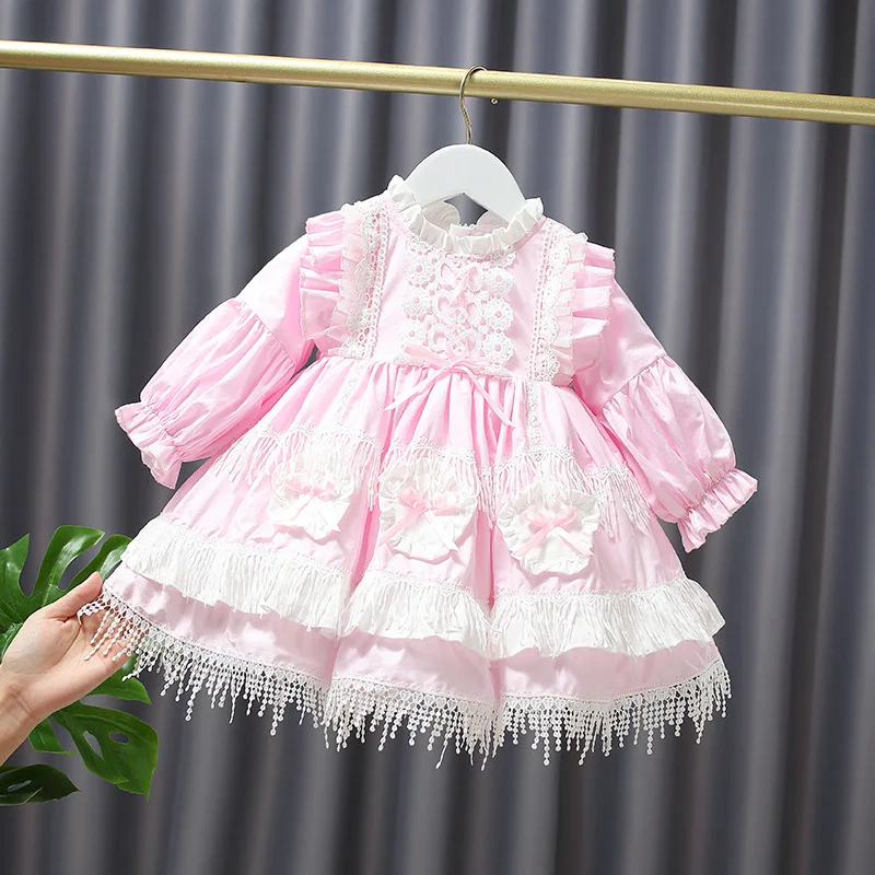 

Baby Girls Lace Bow Princess Dress Spring Autumn Children Spain Lolita Boutique Dress Kids Sweet Bow Long Sleeve Ball Gowns y128
