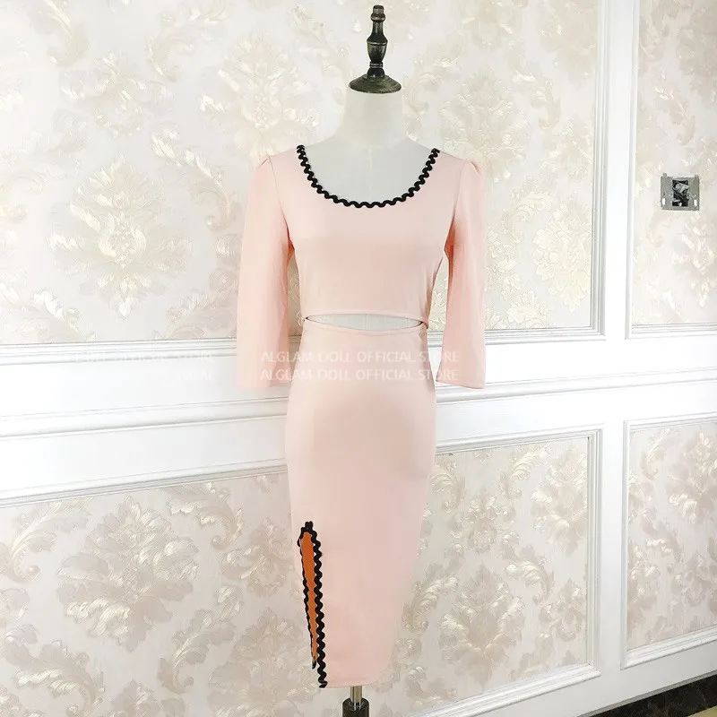 Весна выдалбливают 3/4 рукав Твердые до колена Bodycon сексуальное Клубное платье