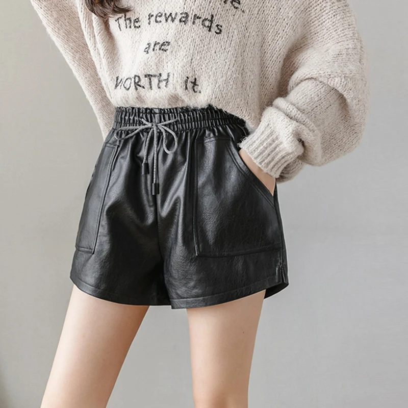 

Women's Leather Pants Loose Wide Leg Pants All-Match Drawstring Elastic Waist Casual Pants