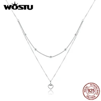 wostu silver simple heart necklace 925 sterling silver double layer pendant 50 cm long chain link for women jewelry gifts ctn168