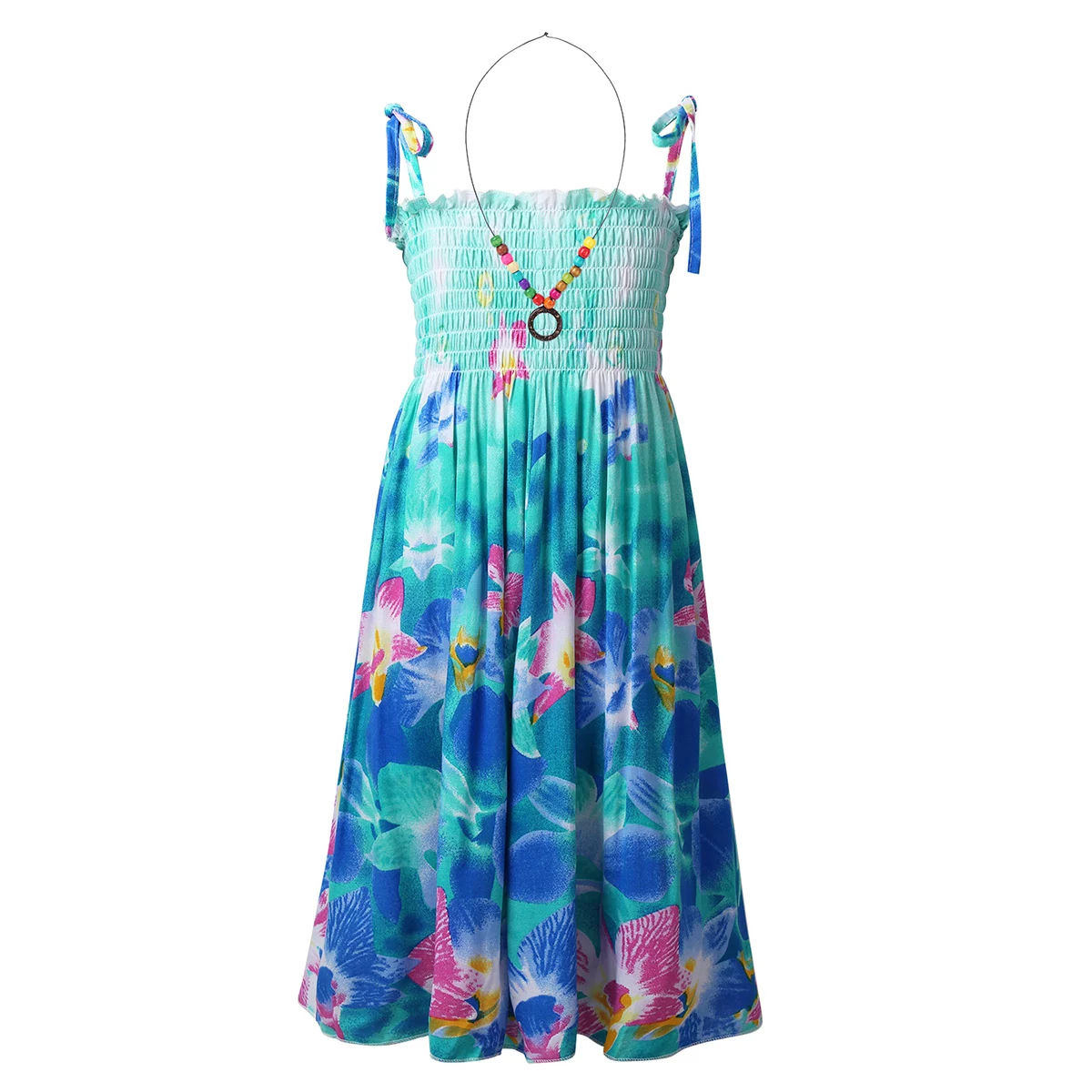

Kids Girls Beach Dress Summer Holiday Sundress Bohemian Style Floral Print Dress Cute Princess Vestidos with Necklace for Party