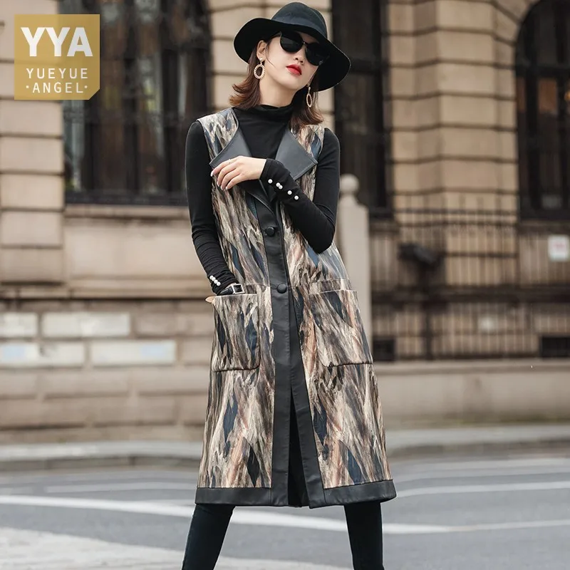 

Fashion Women Floral Printed Sheepskin Real Leather Midi Dress Vintage Belted Single Breasted Sleeveless Straight Tank Dresses
