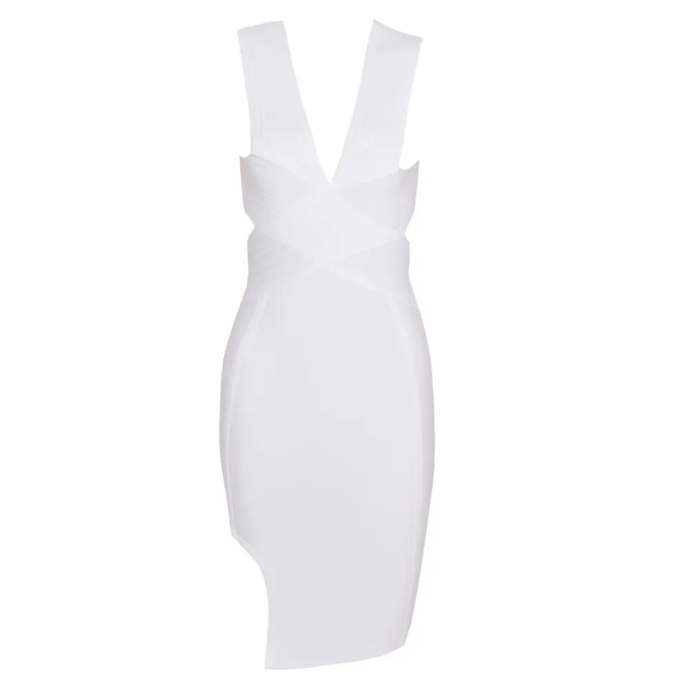 

2019 New Arrivals Bandage Dress White Deep V Neck Cut Out Side Split bandage Party Dresses Woman Evening