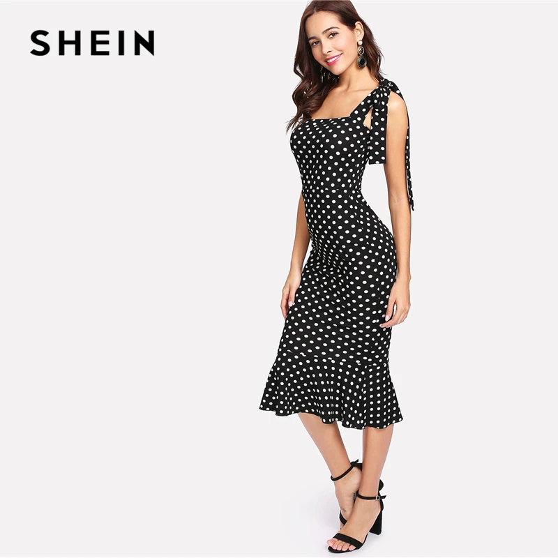 SHEIN элегантное узелковое платье в горошек с юбкой-годе, летнее платье-карандаш средней длины, женское облегающее офисное платье с оборками