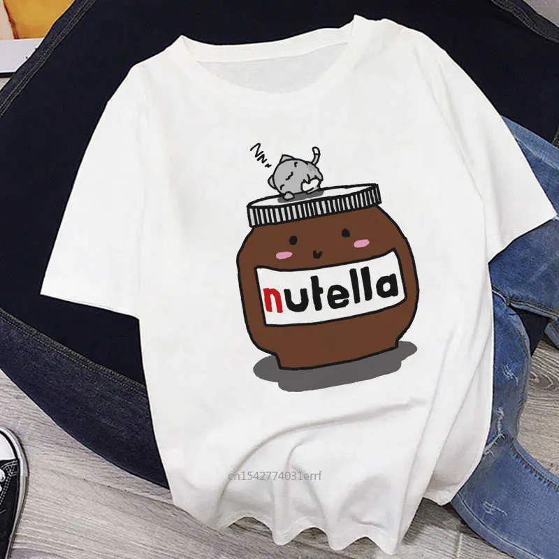 

Nutella Kawaii Graphic Print T-shirt Casual Summer Fashion Female T Shirt Women Harajuku Aesthetic White Top
