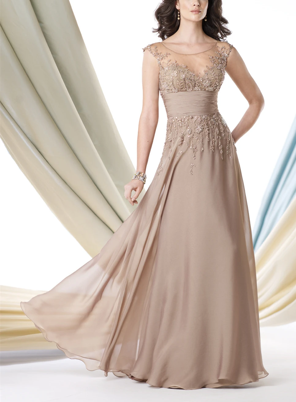 

Champagne Illusion Mother Of bride Dress Wedding Guest Appliqued Beaded Scoop Plus Size Chiffon Formal Mother Evening Gowns
