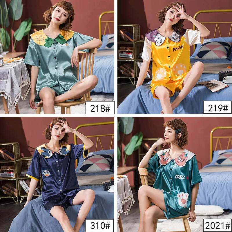Летние моделирования шелковые пижамы женские KoreanStyle с коротким рукавом