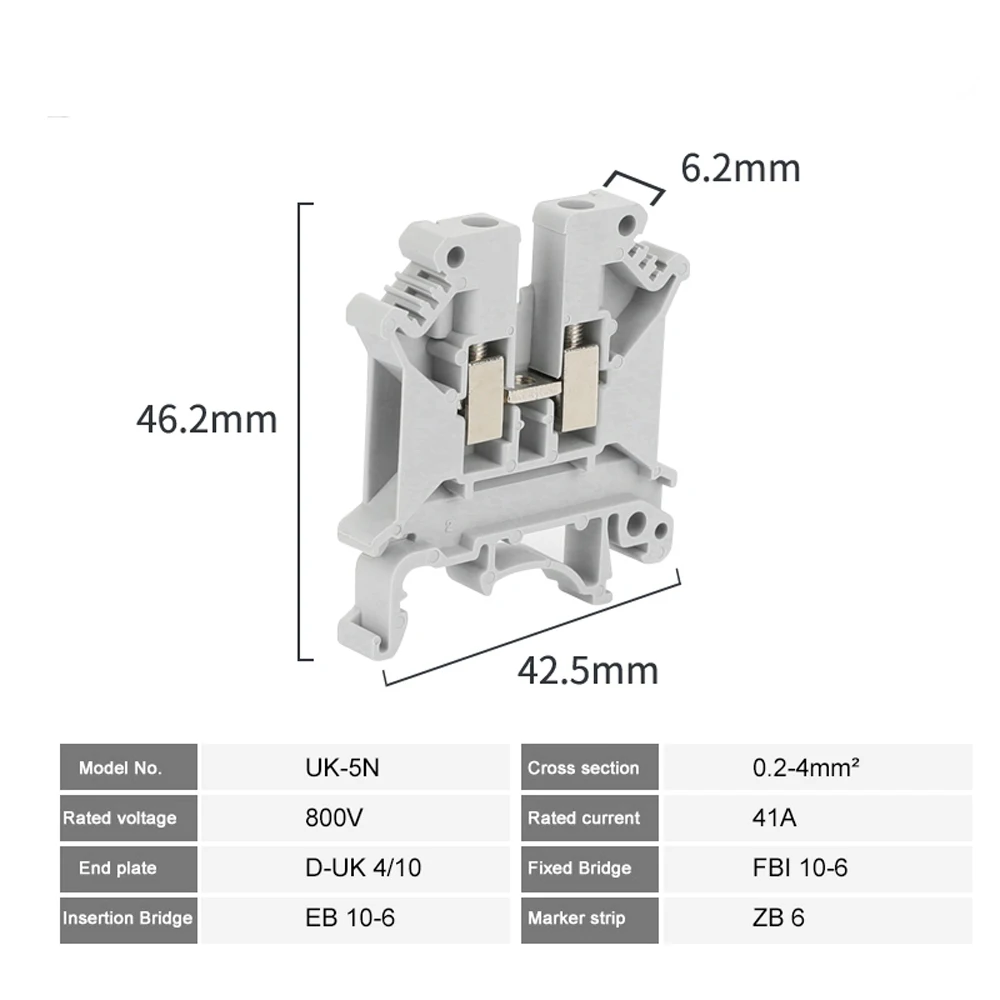 

100pcs Din Rail Terminal Block UK-5N Universal Connector Screw Connection Electrical Wiring Conductor UK5N Terminal Strip Block