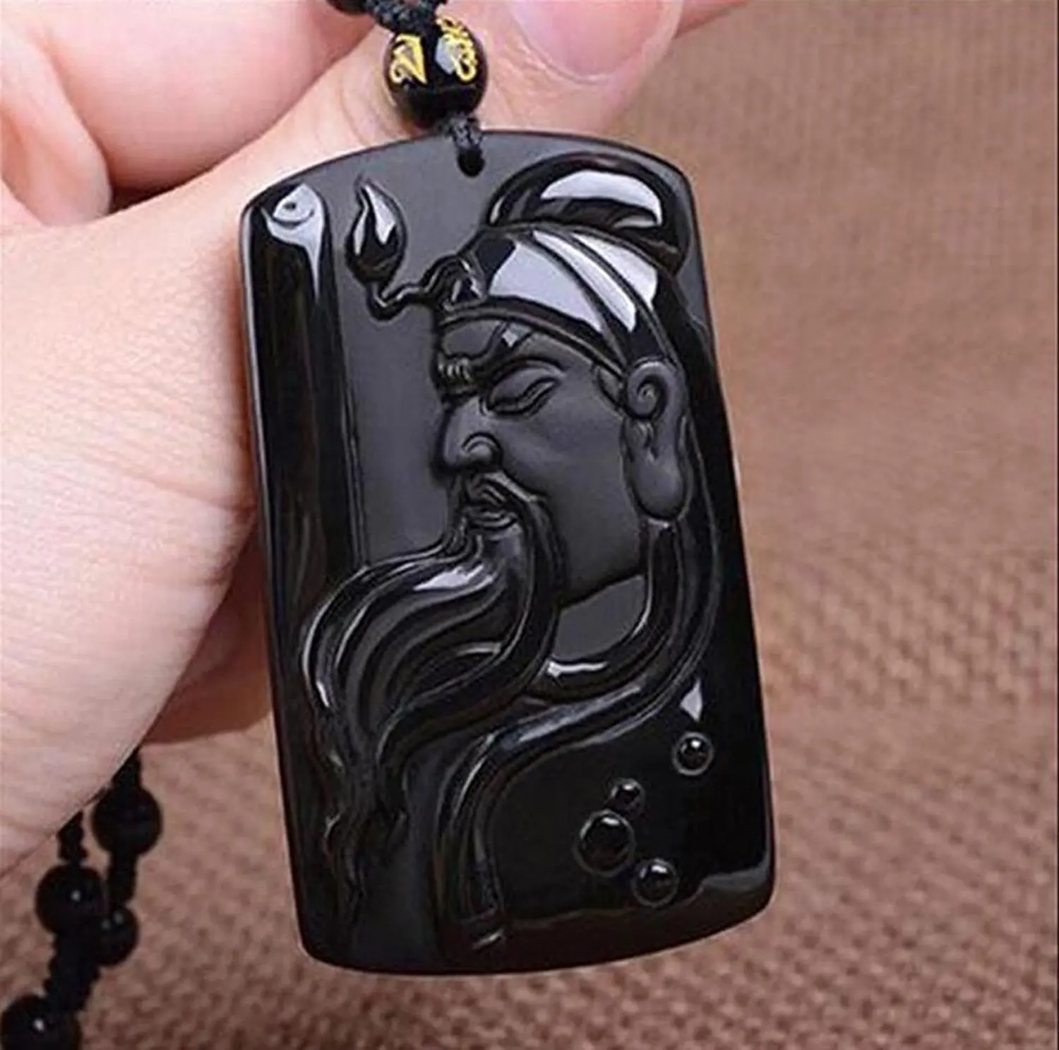 LETSFUN Изящные ювелирные изделия ручной работы резной природный обсидиан Гуань Юй