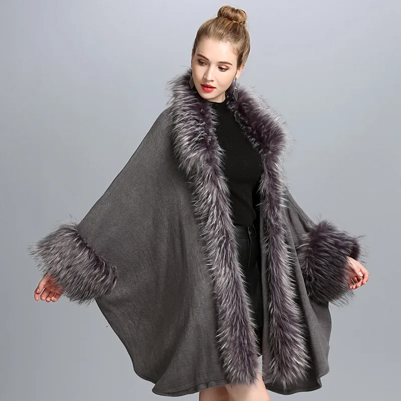 Warm Knitted Cardigan Shawl Winter Streetwear Plus Faux Fur Overcoat Cape Women's 2021 New Fashion Jacket C1101