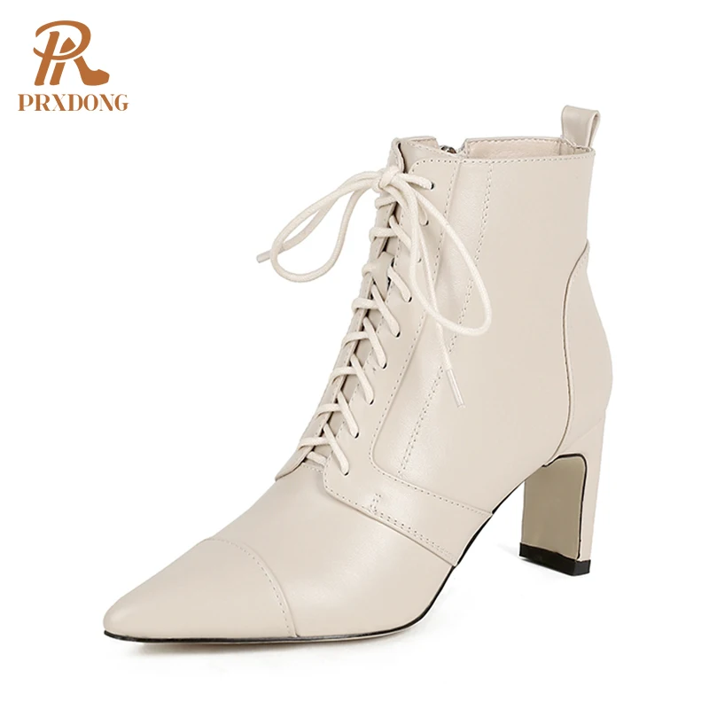 

2021 Autumn Winter Ankle Boots Women Pointed Toe Retro Boots Genuine Leather Zipper Warm Female Shoes High Heel Beige Ladies 39