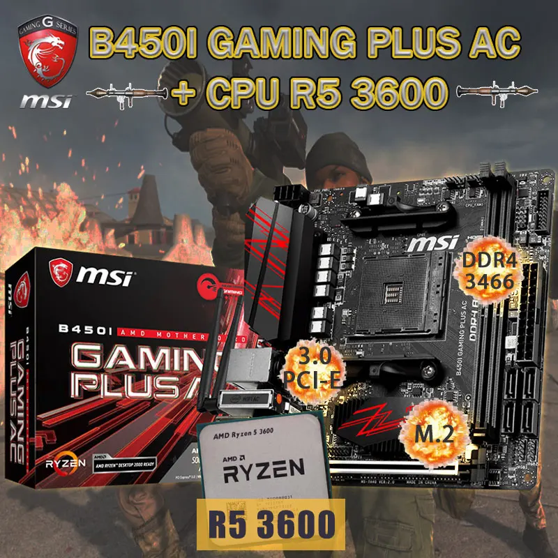 

MSI B450I GAMING PLUS AC Motherboard Set+ AMD Kit Ryzen 5 3600 Combo DDR4 32GB M.2 PCI-E 3.0 Placa-mãe AM4 Mini-ITX Desktop B450