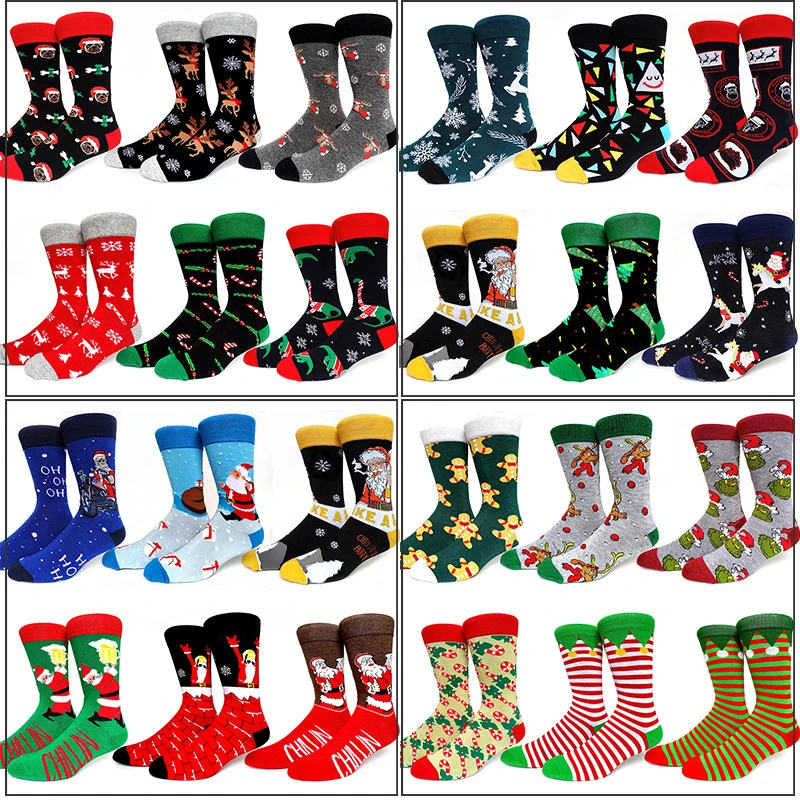 

6 Pairs/Pack 2021 Christmas Series Socks Men Funny Happy Cartoon Elk Santa Claus Snow Men's Long New Year Socks Cotton Thicken