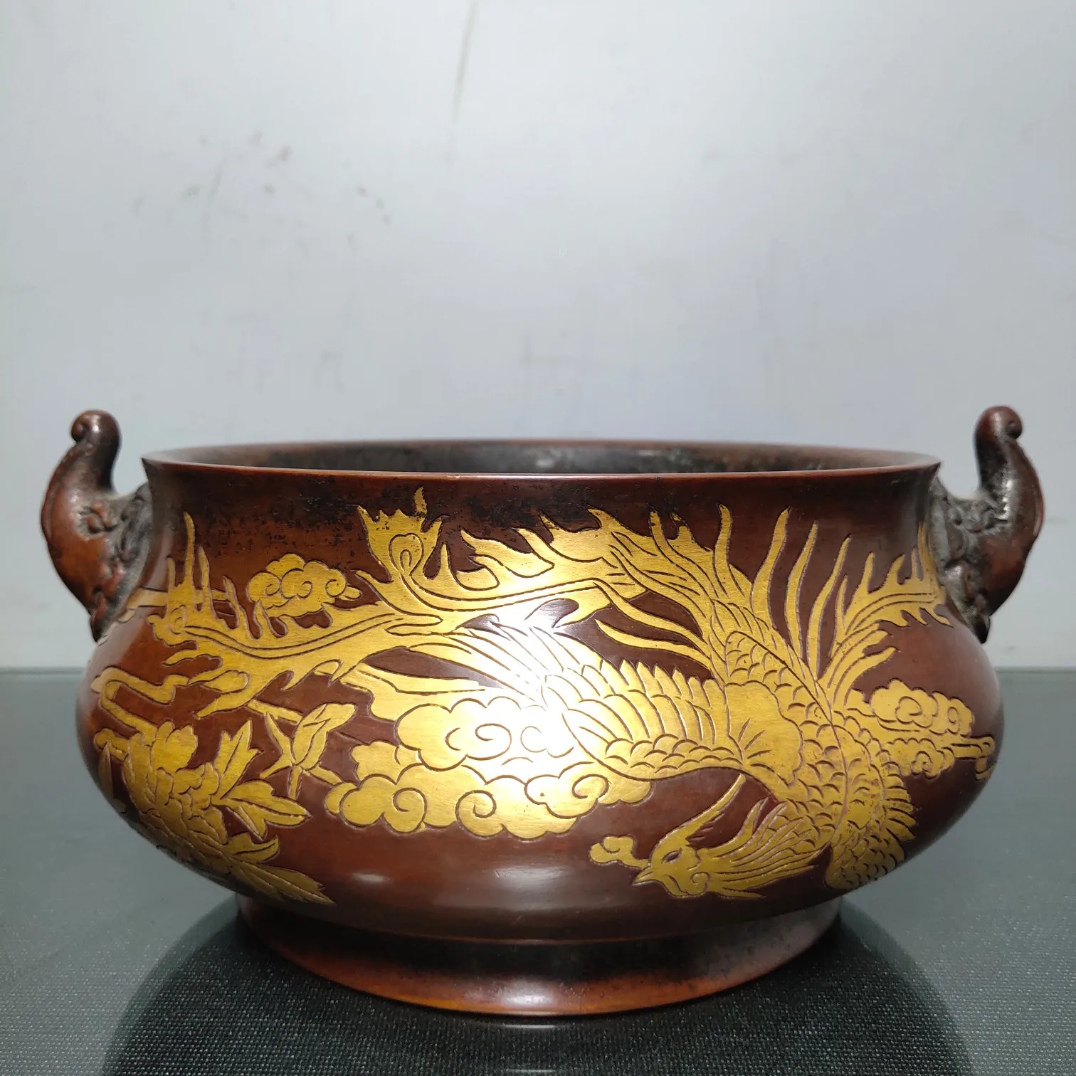 

9"Chinese temple collection Old purple Bronze Gilt Real gold Elephant trunk and ears incense burner Phoenix Plays Peony Incense