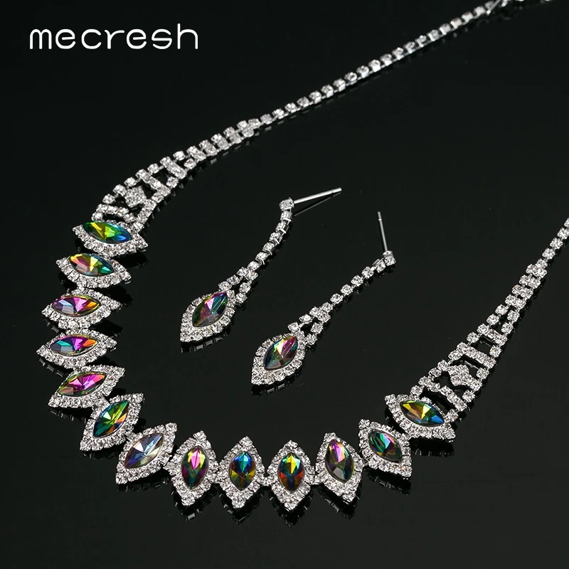 Multicolor Mecresh Модные Разноцветные кристаллы стразы набор украшений к серьгам для женщин Уникальные геометрические свадебные комплекты ювелирных изделий TL604 - Окраска металла: Multicolor