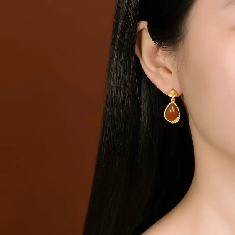 

Original New silver inlaid natural South Red Drop Earrings Chinese style retro unique ancient gold craft charm women's jewelry