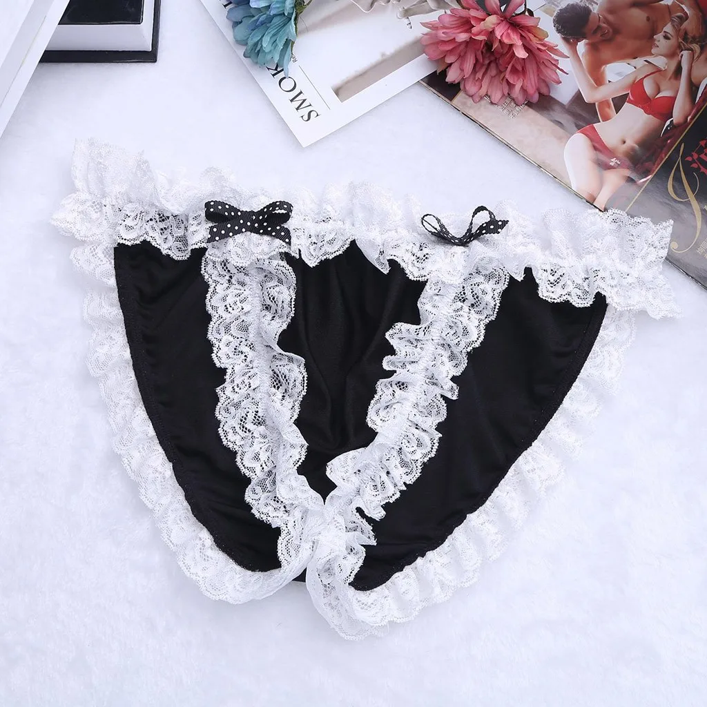 Мужские трусы однотонное нижнее белье атласные кружевные стринги с бантом