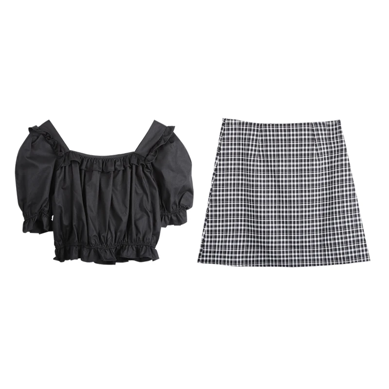 

Sweet Off Shoulder Ruffles Shirt and High Waist Plaid A-line Mini Skirt Women's 2021 Summer 2021 Korean Style Matching Sets