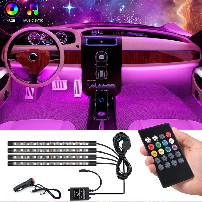 

RGB Strip Light Auto Atmosphere LED Interior Decorative Foot Lamp Music Control Multiple Modes For Car With USB Wireless Remote