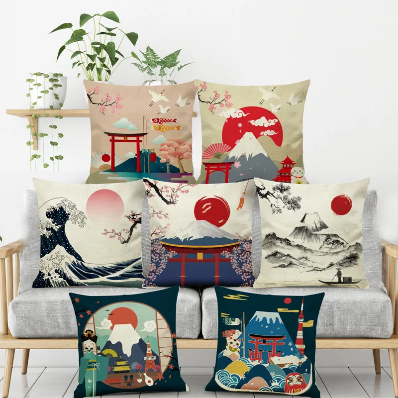 

Fuji Mountain Ethnic Retro Sofa Cushion Cover Japanese Fabric Ukiyo-e Linen Pillowcase Home Decor Pillowcase Pillow Cases