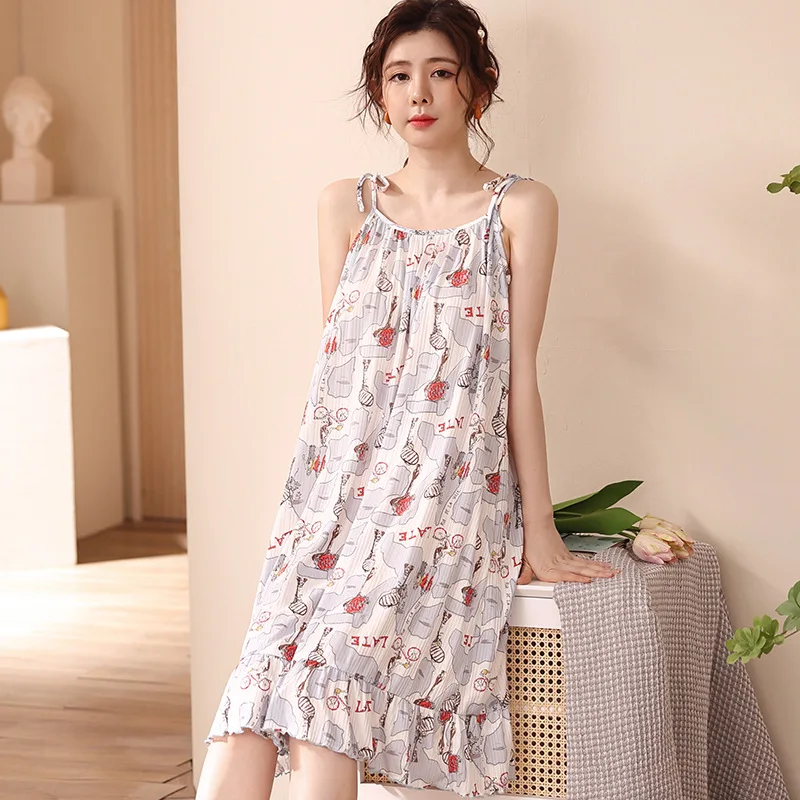 

Korean Sweet Black Cartoon Women Nightgowns O-Neck Sleeveless Homewear For Women Summer Sexy Lingerie Spaghetti Strap Nightdress