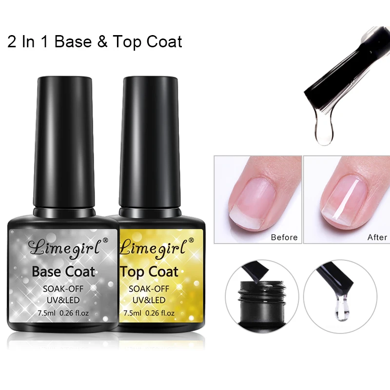 

Limegirl 7.5ml 2 IN 1 Base And Top Coat Gel Polish UV Transparent Nail Gel Long Lasting Soak Off Gel For Nail Varnish Primer