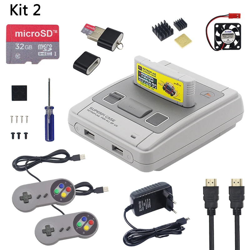 Kit 2 Retroflag SUPERPI CASE-J Raspberry Pi 3 Model B+/B NESPI ABS коробка для RetroPie 32 Гб SD карты геймпады адаптер питания - Цвет: Kit 2