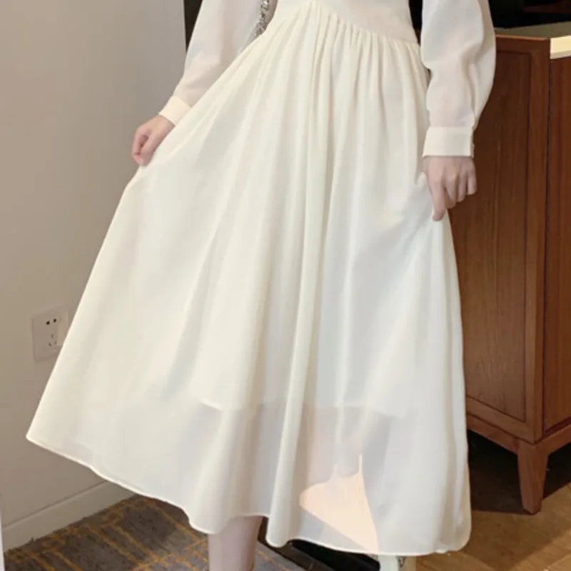 

New Elegant Dresses Women Solid Long Sleeve Fairy Party Robes Office Lady Sexy V Neck Button Loose Midi Vestidos De Mujer Casual