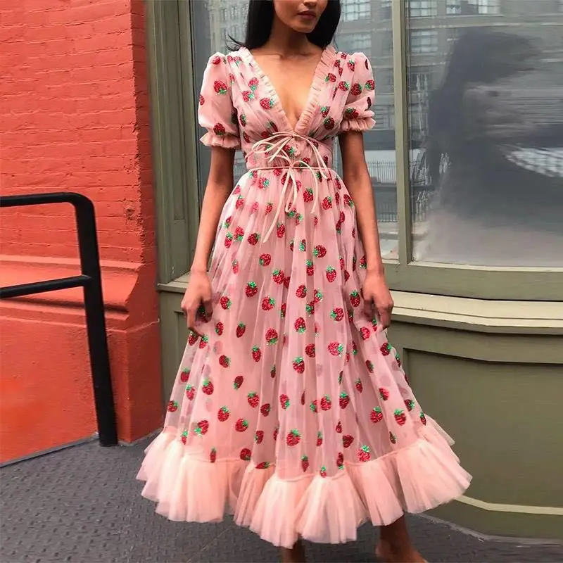 

Women Fashion Deep V Pleated Puff Sleeve Strawberry Dress Sweet Mesh Sequins Embroidery French Party Dress