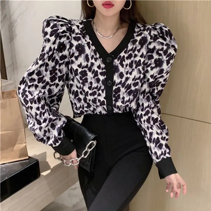 

Alien Kitty 2021 Retro Leopard Slim Casual Women Coats V-Neck Puff Sleeve Elegant Autumn OL Chic Gentle Office Lady Hot Jackets
