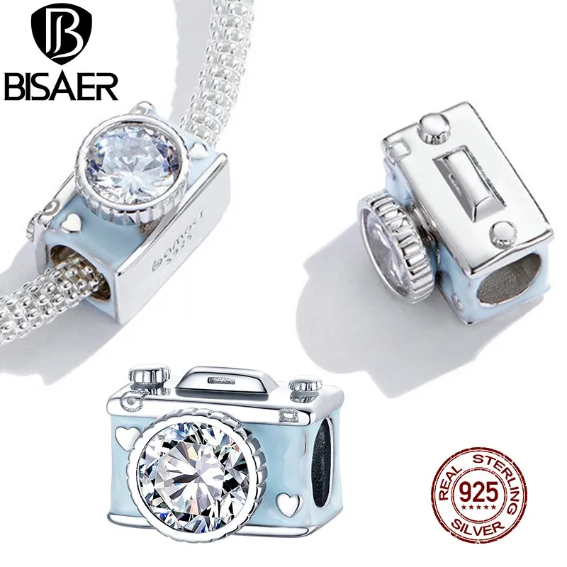 

BISAER Camera Photograph Beads 925 Sterling Silver Shiny Zircon Blue Charms Fit DIY Women Bracelet Necklace Pendant EFC264