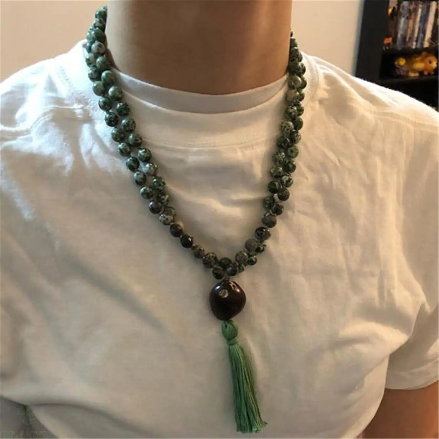 

8mm Tree Moss Agate Gemstone 108 Beads Mala Tassel Necklace Yoga Wristband Prayer Tibetan Meditation Buddhism Classic