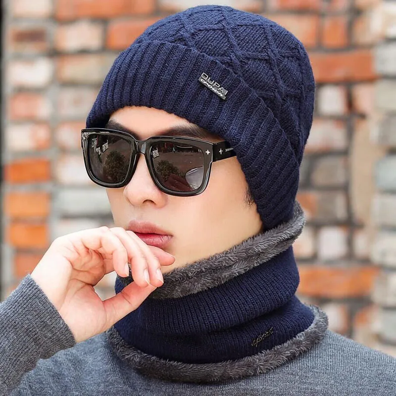 Брендовая Зимняя шляпа вязаная шапка шарф Skullies Beanies мужские зимние шапочки для мужчин и женщин Gorras шерстяной берет маска мужская шапка Кепка - Цвет: Hat scarf navy