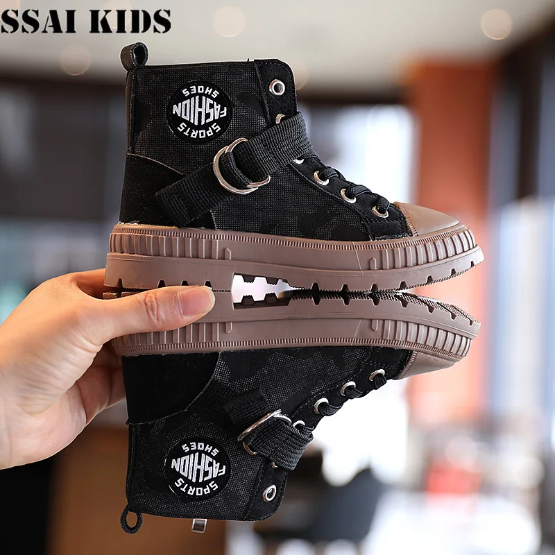 

SSAI KIDS Children's Martin boots British style Fall 2020 new boys' fashion mid-cut canvas shoes student casual shoes