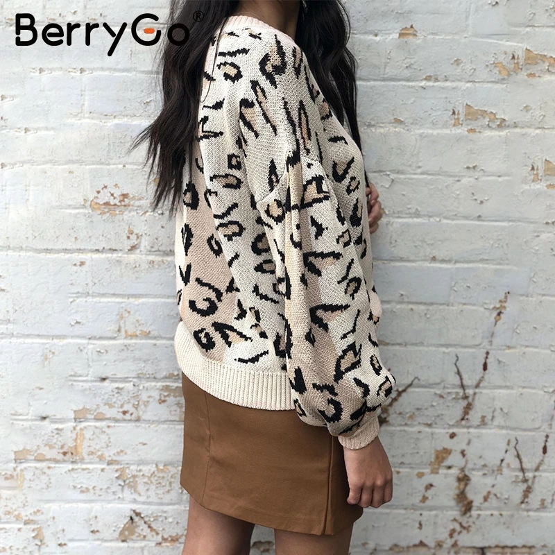 BerryGo Leopard print knitted sweater women Autumn winter female casual pullover V neck lantern sleeve streetwear ladies jumpers | Женская