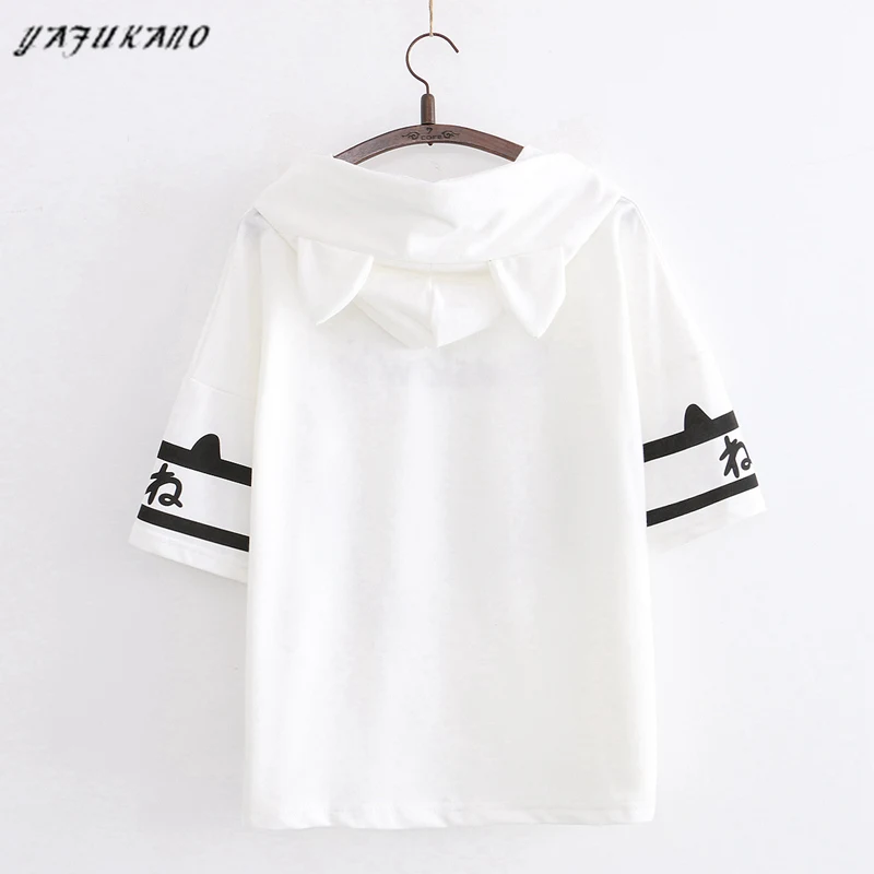 

Black Short Sleeve Hooded Sweatshirts For Women Cartoon Print Drawstring Cotton Hoodies Streetwear Casual Tracksuits Female