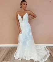 mermaid wedding dress spaghetti strap floor length backless sweep train gorgeous lace appliques white vintage civil beach cheap