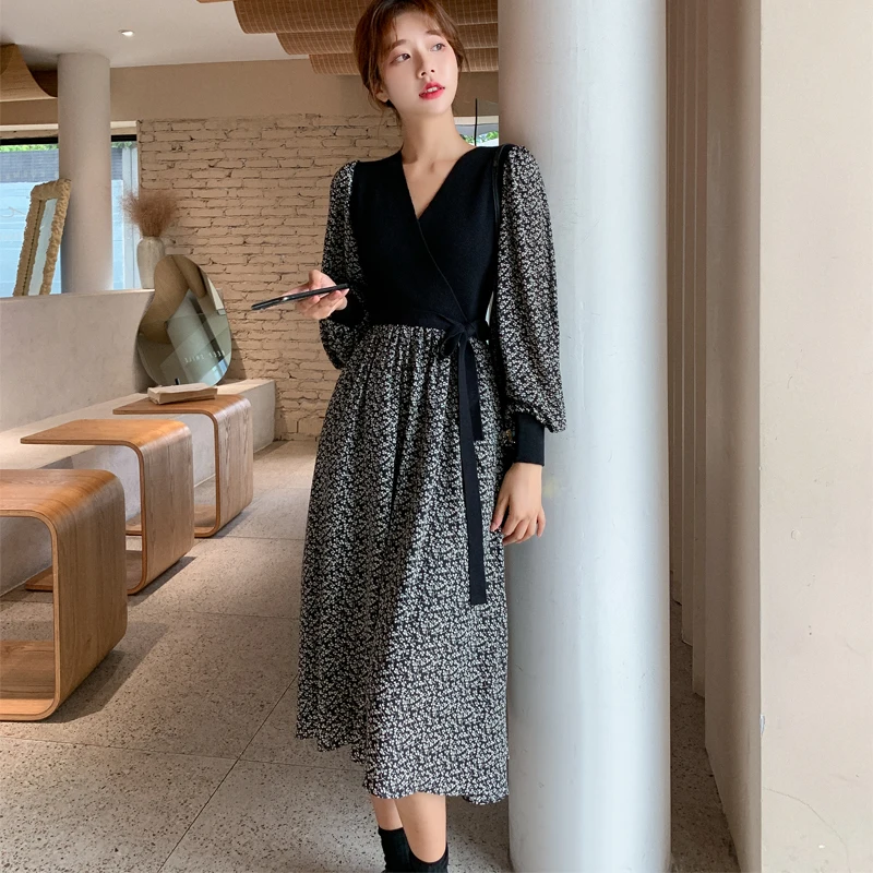 

Autumn Women Knitted Dress V-Neck Waistband Splicing Chiffon Hem Dresses Ladies Long Sleeve Floral Mid-calf A-line Slim Dress