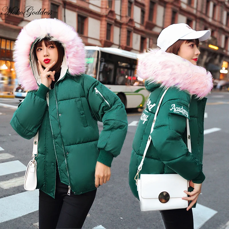 

MokoGoddess Casual Short Hooded Parka Colorful Fur Collar Winter Jacket Women Fashion Warm Parka Coat Streetwear Female 2020 New