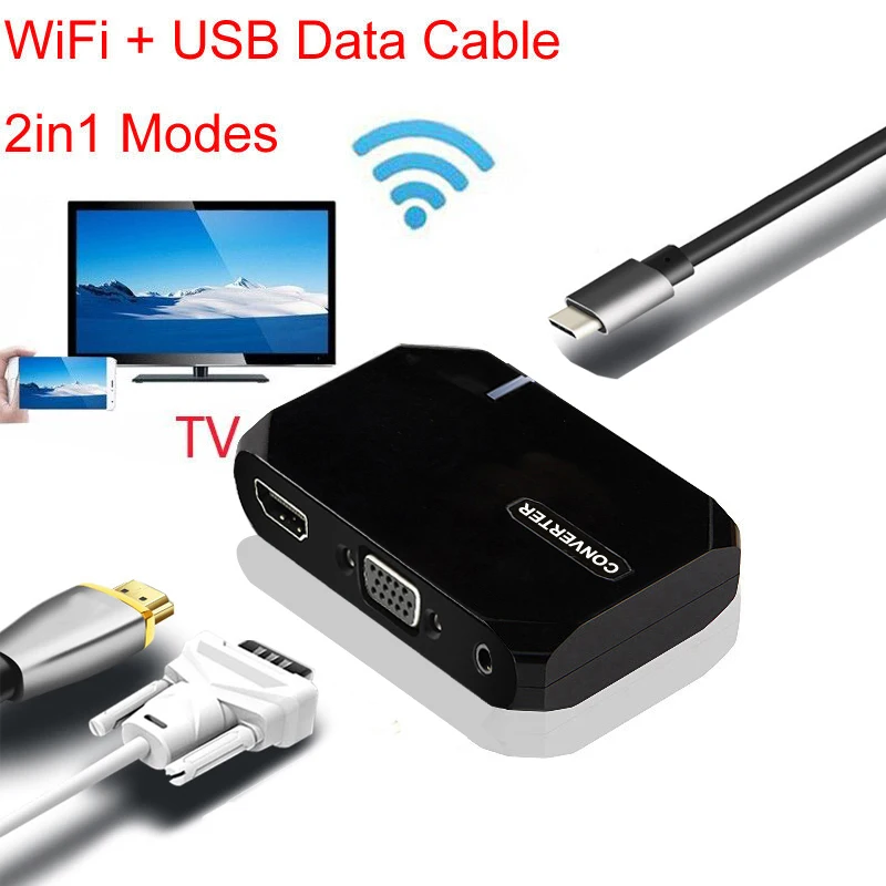 Беспроводной Wifi+ кабель для передачи данных 2в1 HDMI VGA экран зеркальное отображение HD ТВ адаптер для huawei Xiaomi iPhone 11 iOS Android телефон ссылка на телевизор