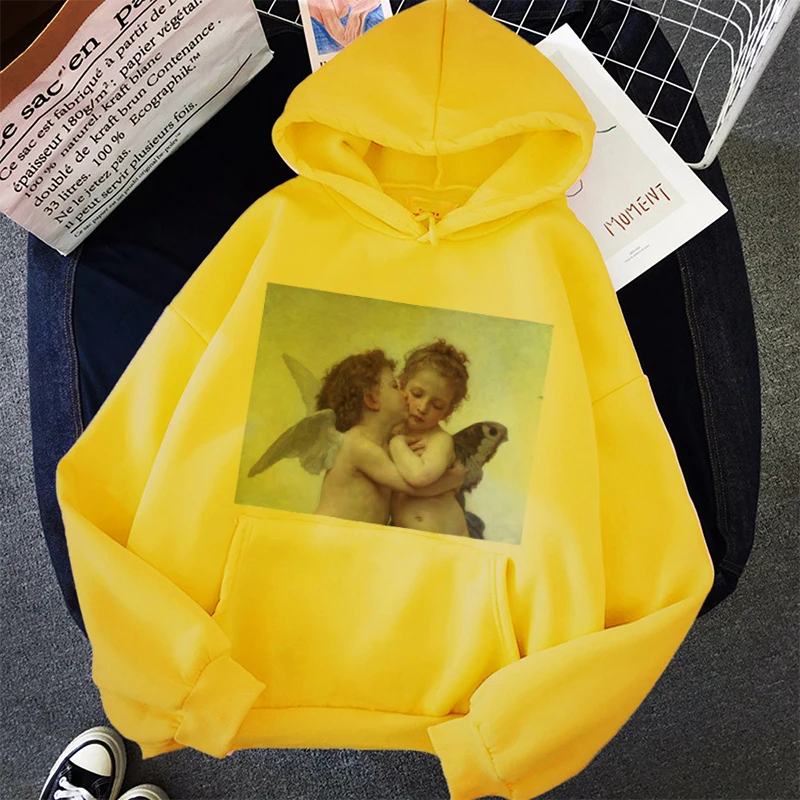 Aesthetic Angel Kiss Women Hoodie Sweatshirts Harajuku Vintage Jumper Femme Kawaii Hooded Sweatshirt Warm Pocket Pullover Jacket