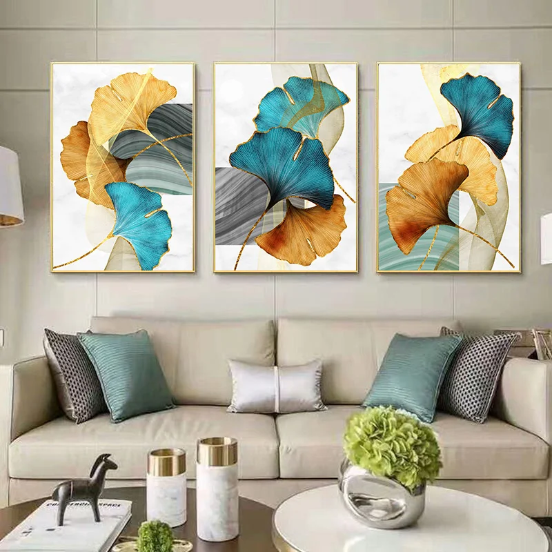 

Blue Green Yellow Gold Flora Leaf Flower Canvas Poster Painting Abstract Wall Art Print Nordic Modern Pictures Living Room Decor