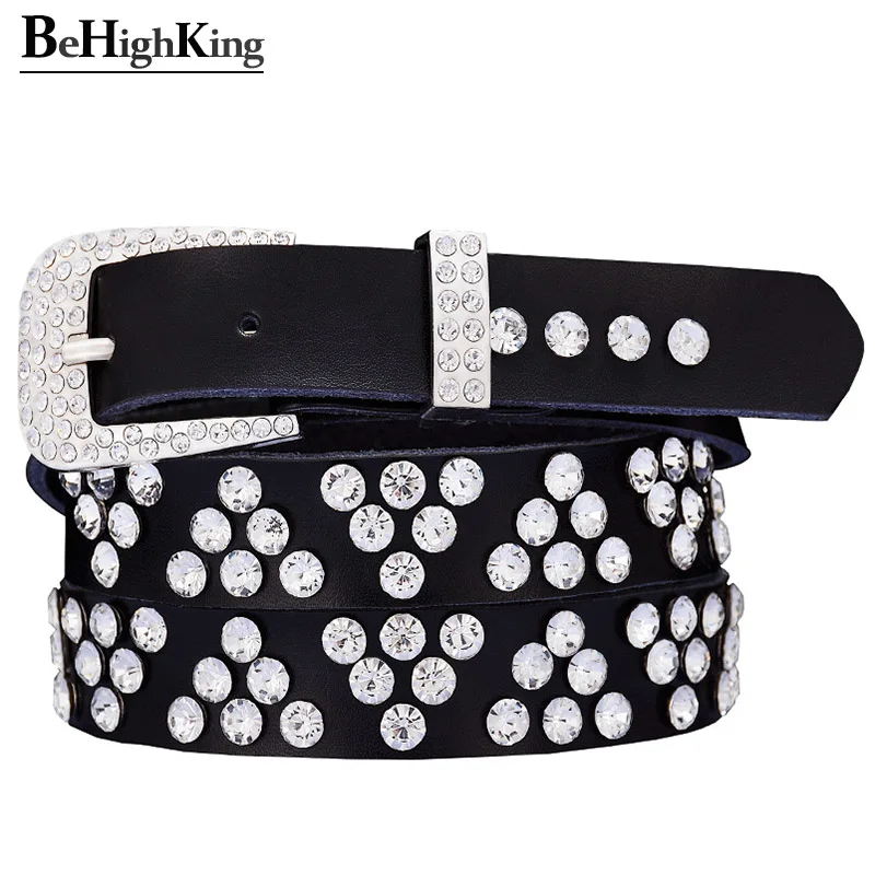 Женский ремень из натуральной кожи блестящий пояс со стразами узкий для джинсов
