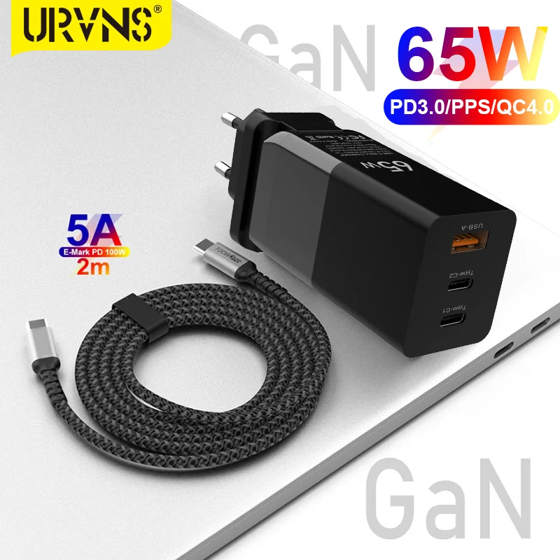 URVNS 3 портов 65 Вт Ган USB C QC 0 зарядное устройство для быстрой зарядки Samsung note10 S9 Xiaomi Mi