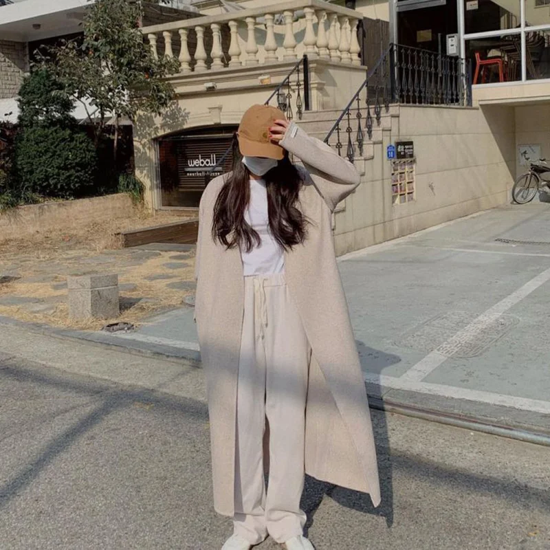 

SHZQ 2021 зимнее корейское двустороннее длинное черное пальто ручной работы из 100% шерсти женский халат со шнуровкой и поясом