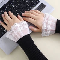 1 pair women girls fake flared sleeves layered lace pleated ruched false cuffs