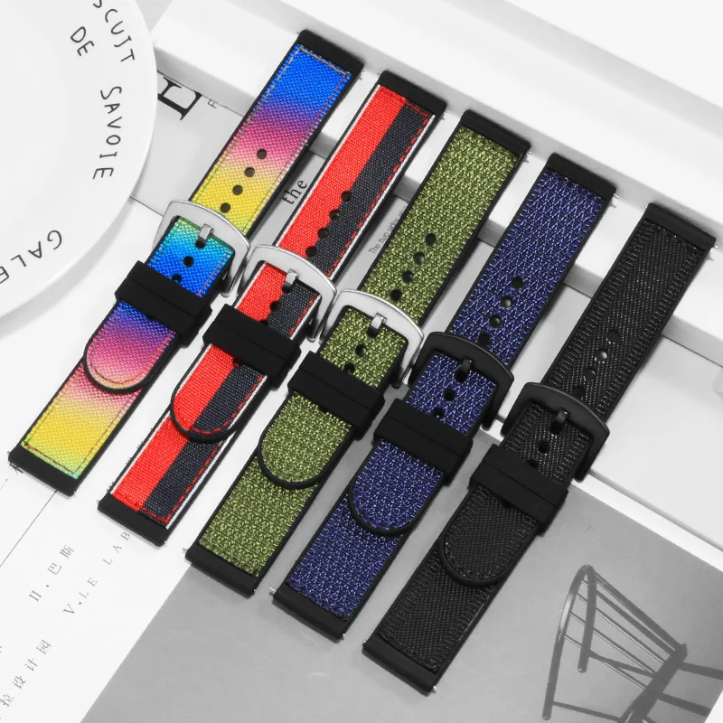

Nylon+Silicone watch band 20 22mm black blue with pin buckle wristband for men's outdoor sport watch accessories Quick release