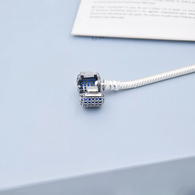 

925 Sterling Silver Blue Studded Zircon Clasp Snake Chain Bracelet Original European DIY Jewelry Making For Pandora
