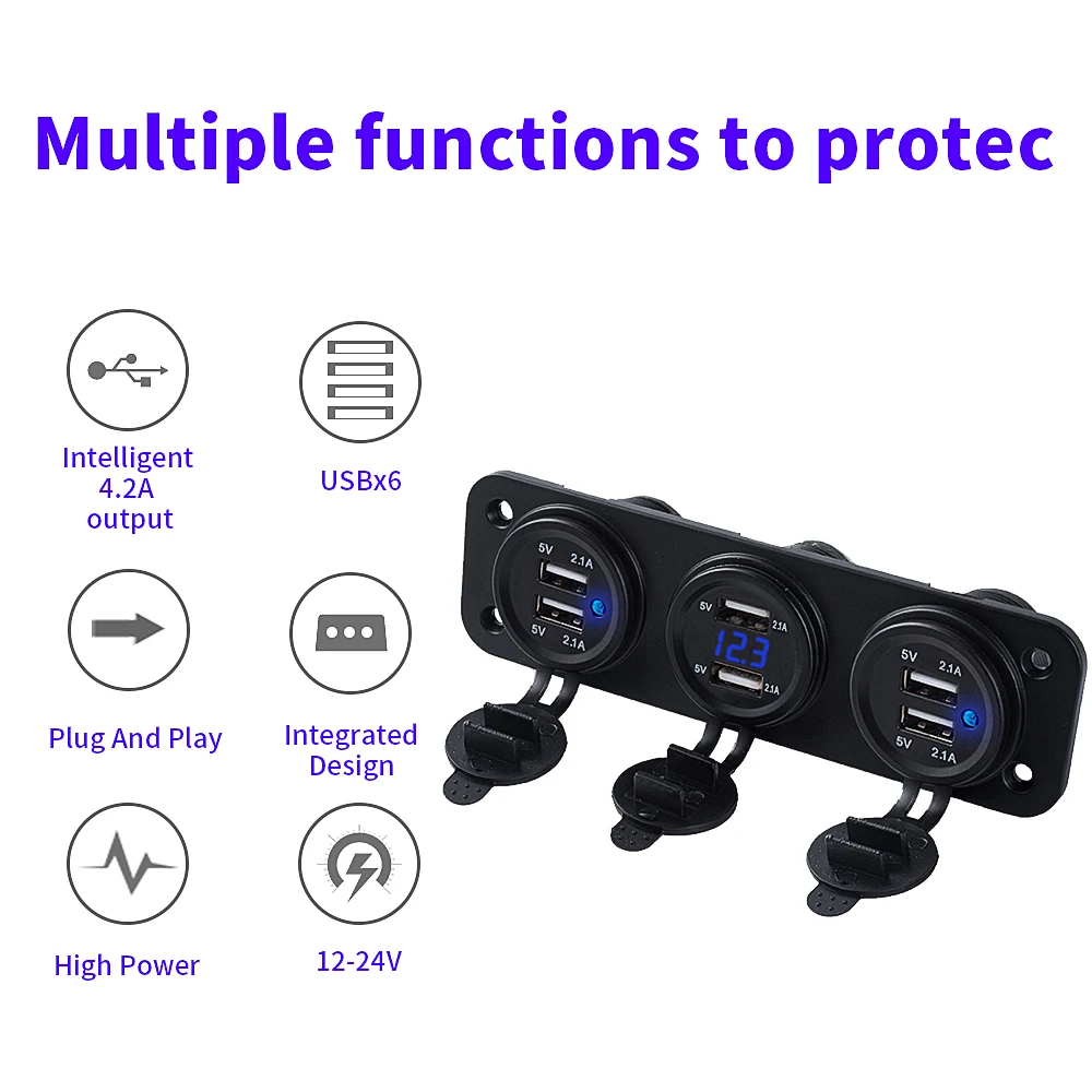 6 USB Socket Car Charger Adapter 2.1A&amp2.1A LED Voltmeter Outlet for Marine Boat Trailer Motorhome Motorcycle Waterproof | Автомобили и